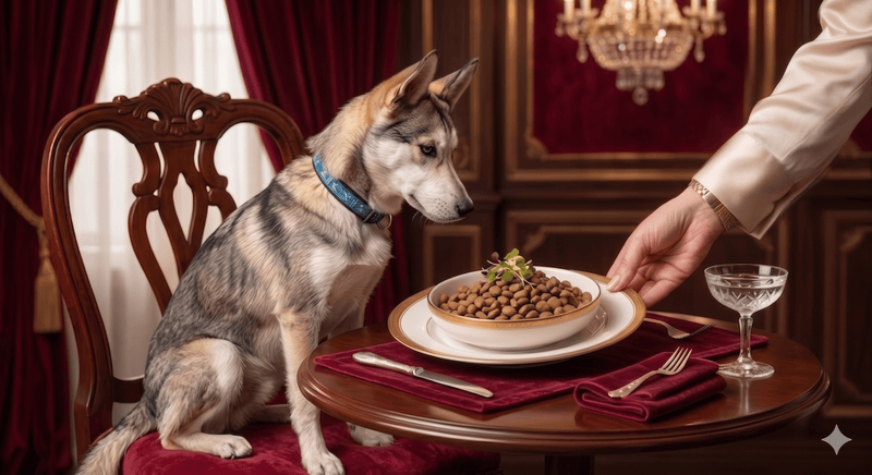 A dog sitting in an ornate chair looking uninterested in their food, representing the difficulty of finding the right dog food for picky eaters.
