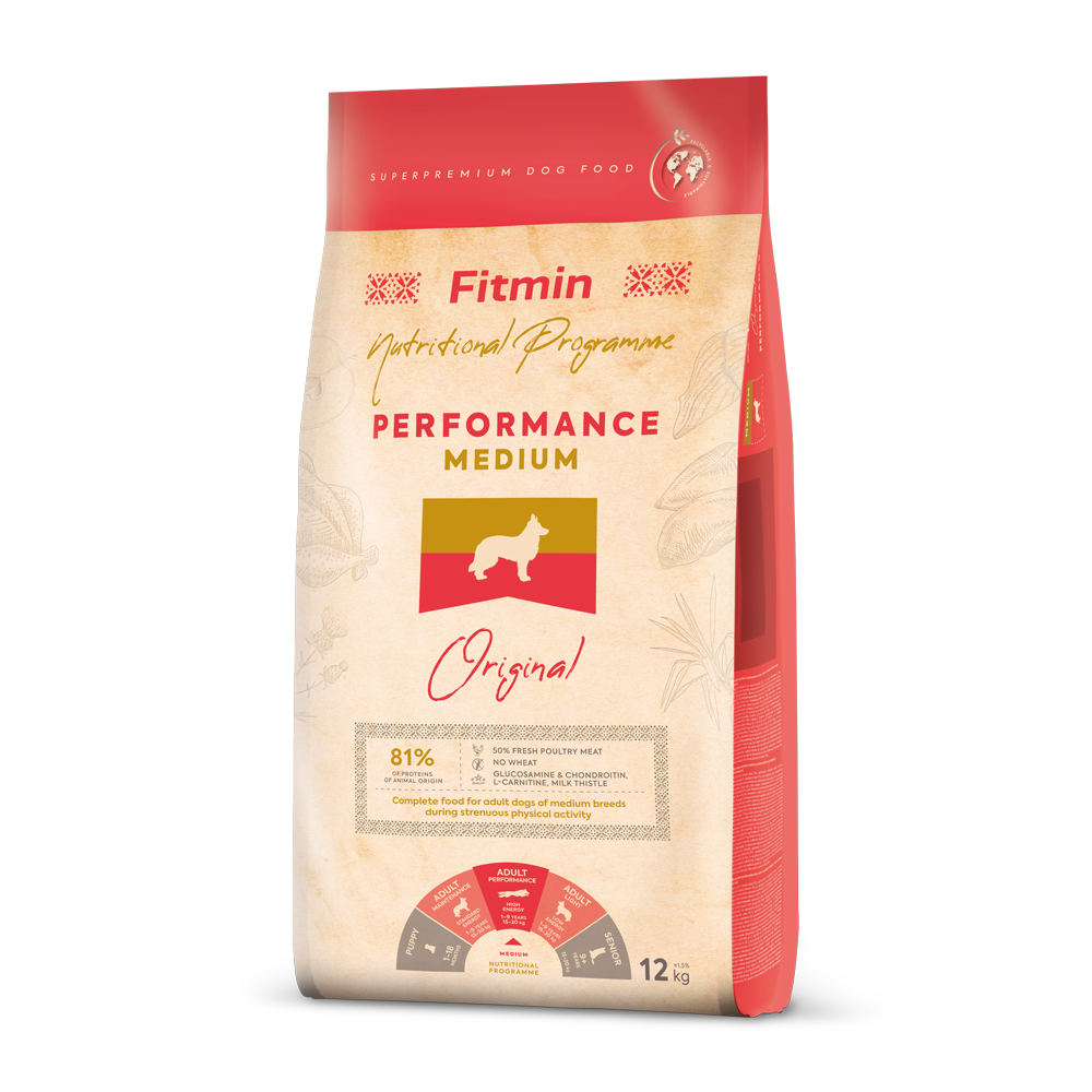 Fitmin Dog Medium Performance - High Energy Wheat-Free Dog Food for Medium Breeds with 50% Fresh Poultry, Milk Thistle, and L-carnitine for Heart Health.
