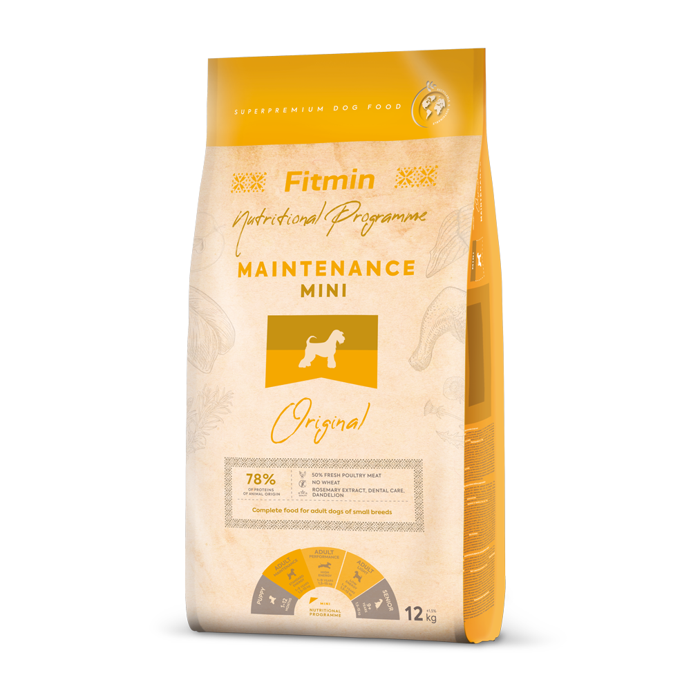 Fitmin Dog Mini Maintenance 12kg bag - Super-premium daily food for adult small breed dogs.
