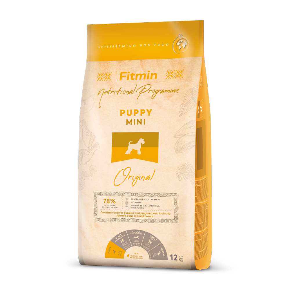 Fitmin Dog Mini Puppy 12kg bag - Super-premium growth formula for small breed puppies.