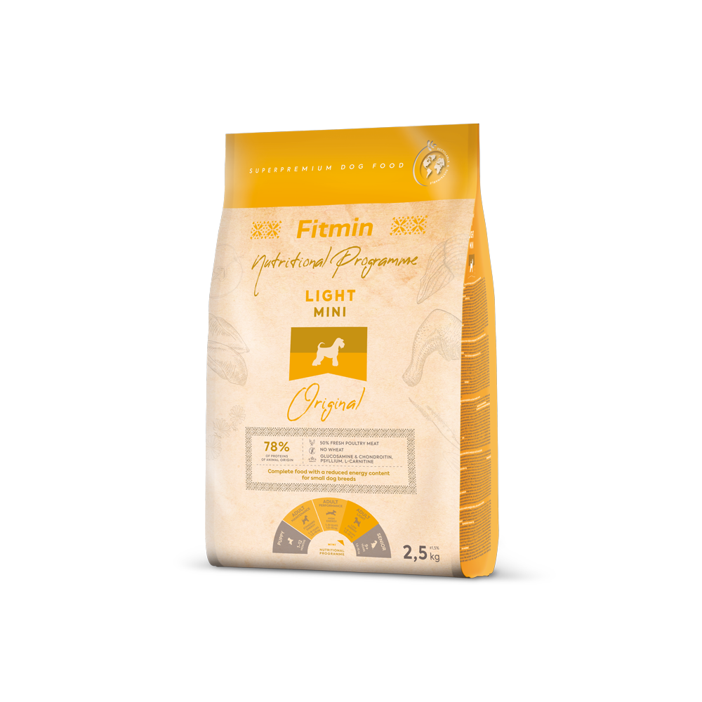 Fitmin Dog Mini Light 2.5kg bag - Premium weight management food for small dog breeds.