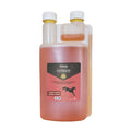 A 1-litre twin-neck dosing bottle of Fitmin Benefit cold-pressed Norwegian salmon oil for horses. The label features a salmon-pink and black design with a silhouette of a jumping horse, highlighting benefits for the heart, blood vessels, and brain function while improving coat appearance and concentration.