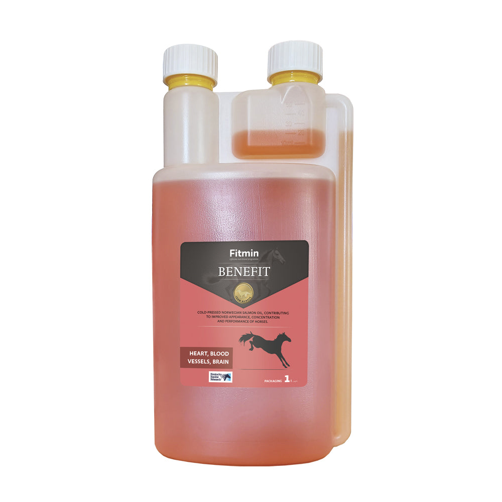 A 1-litre twin-neck dosing bottle of Fitmin Benefit cold-pressed Norwegian salmon oil for horses. The label features a salmon-pink and black design with a silhouette of a jumping horse, highlighting benefits for the heart, blood vessels, and brain function while improving coat appearance and concentration.