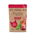 A 100g pouch of Fitmin Purity Holistic Beef with Hearts in Gravy. The grain-free wet food packaging features a burlap-textured design with a red cat silhouette and illustrative photos of fresh beef chunks, a whole heart, and stinging nettle leaves.