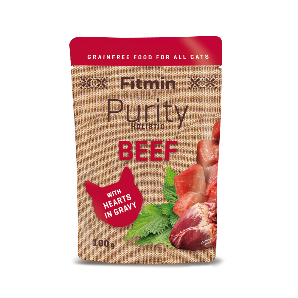 A 100g pouch of Fitmin Purity Holistic Beef with Hearts in Gravy. The grain-free wet food packaging features a burlap-textured design with a red cat silhouette and illustrative photos of fresh beef chunks, a whole heart, and stinging nettle leaves.