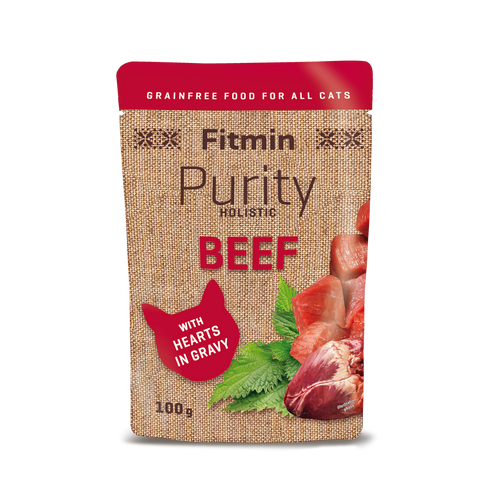 A 100g pouch of Fitmin Purity Holistic Beef with Hearts in Gravy. The grain-free wet food packaging features a burlap-textured design with a red cat silhouette and illustrative photos of fresh beef chunks, a whole heart, and stinging nettle leaves.