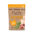 A 100g pouch of Fitmin Purity Holistic Chicken with Hearts. The grain-free wet food packaging features a burlap-textured design with a red cat silhouette and illustrative photos of fresh chicken meat, whole hearts, and dandelion leaves.
