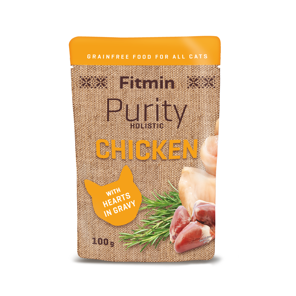 A 100g pouch of Fitmin Purity Holistic Chicken with Hearts. The grain-free wet food packaging features a burlap-textured design with a red cat silhouette and illustrative photos of fresh chicken meat, whole hearts, and dandelion leaves.