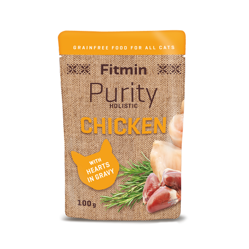 A 100g pouch of Fitmin Purity Holistic Chicken with Hearts. The grain-free wet food packaging features a burlap-textured design with a red cat silhouette and illustrative photos of fresh chicken meat, whole hearts, and dandelion leaves.