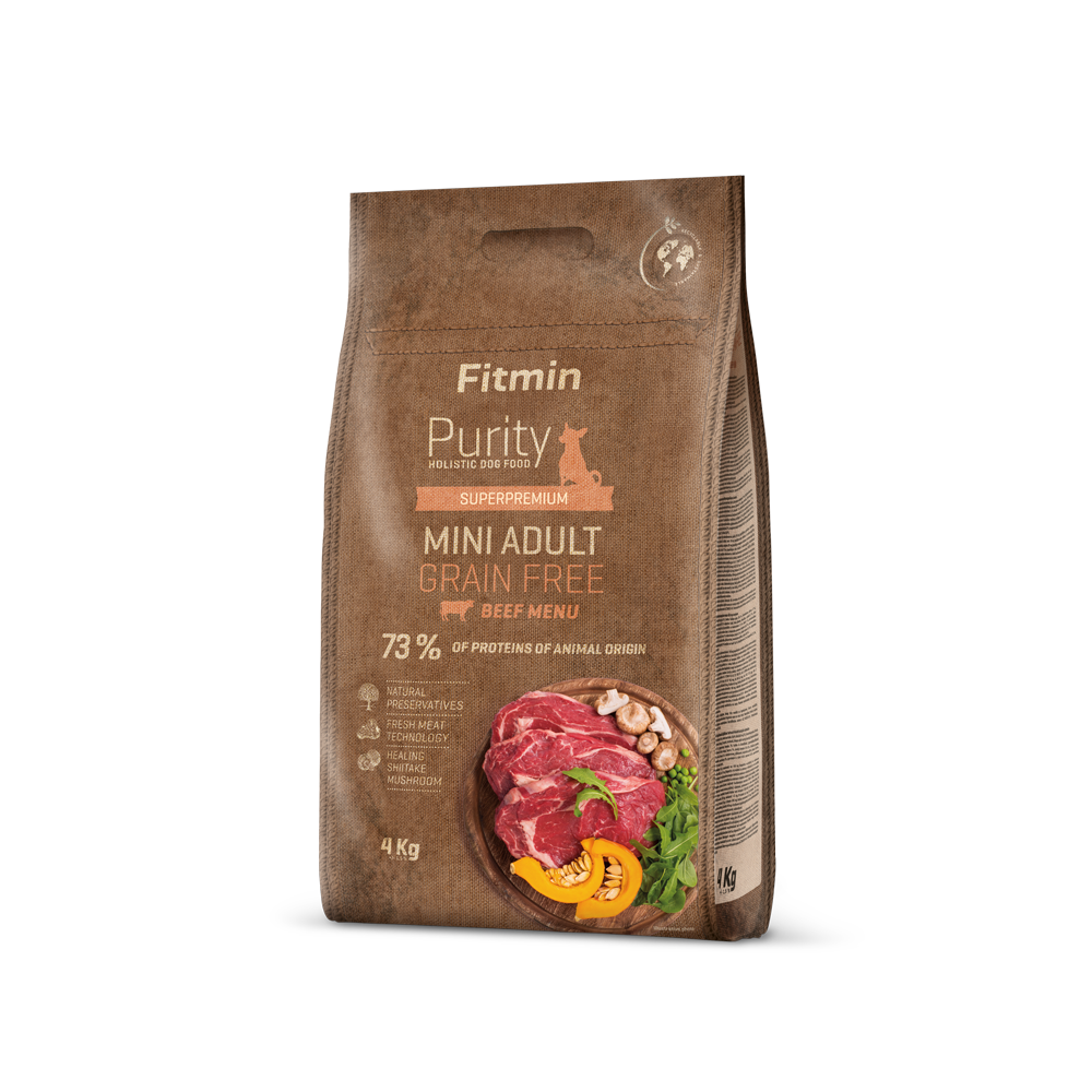 Fitmin Dog Purity Grain-Free Adult Mini Beef bag - High-protein small breed dog food.