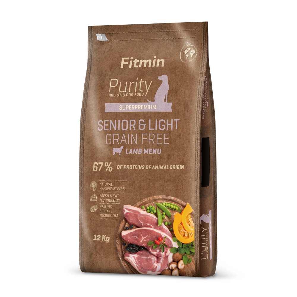 Fitmin Dog Purity Grain-Free Senior & Light Lamb bag - Holistic weight management dog food.