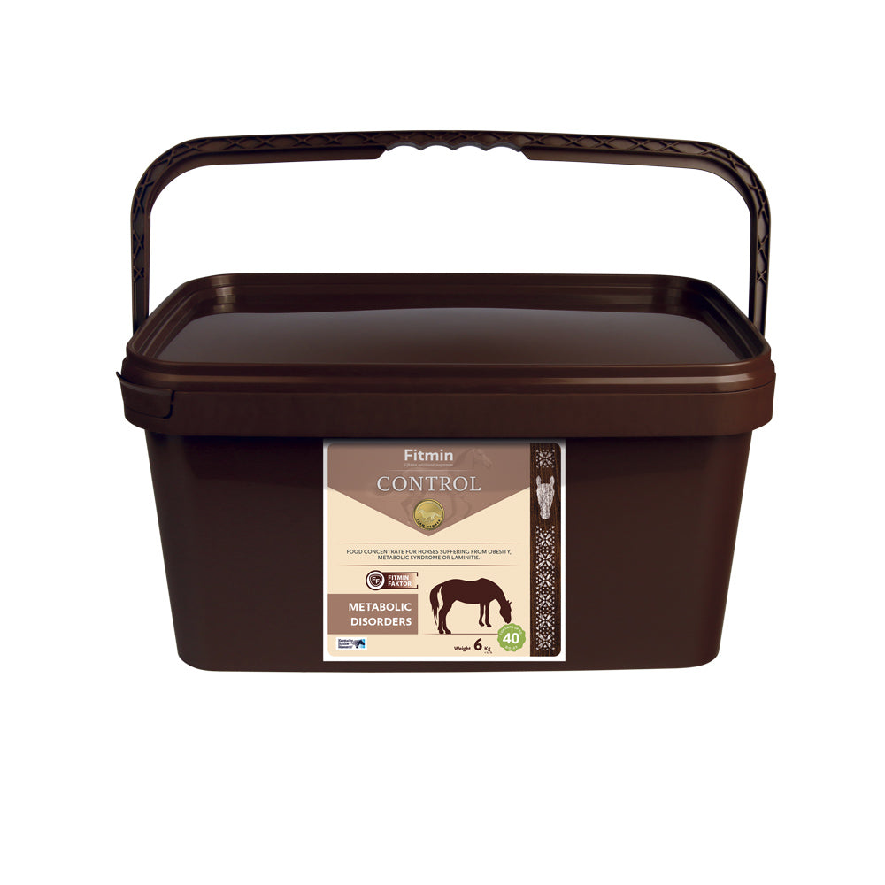 A 6kg brown bucket of Fitmin Control food concentrate for horses. The label features a brown and cream design with a silhouette of a horse grazing, specifically formulated for horses suffering from obesity, metabolic syndrome, or laminitis. It includes the Fitmin Faktor and provides approximately 40 doses.