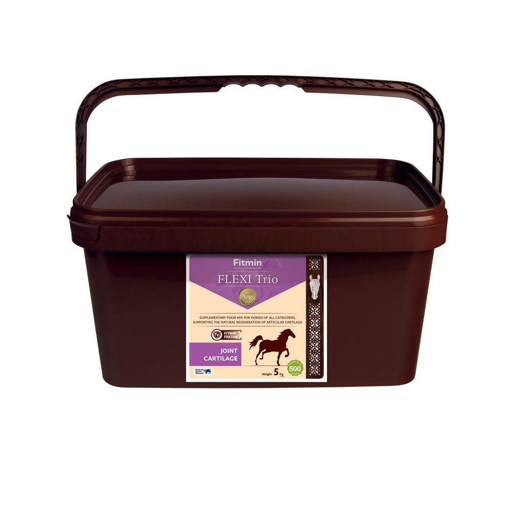 A 5kg brown bucket of Fitmin Flexi Trio supplementary food mix for horses. The label features a purple and cream design with a trotting horse silhouette, identifying it as a supplement for joints and cartilage. It specifies support for the natural regeneration of articular cartilage and includes the Fitmin Faktor, providing up to 500 doses.