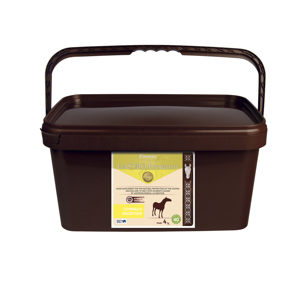 A 4kg brown bucket of Fitmin Gastro Protector food supplement for horses. The label features a yellow and cream design with a horse silhouette, specifically formulated for the protection of the gastric mucosa and to assist with ailments caused by gastroduodenal ulceration. It includes the Fitmin Faktor and provides approximately 40 doses.