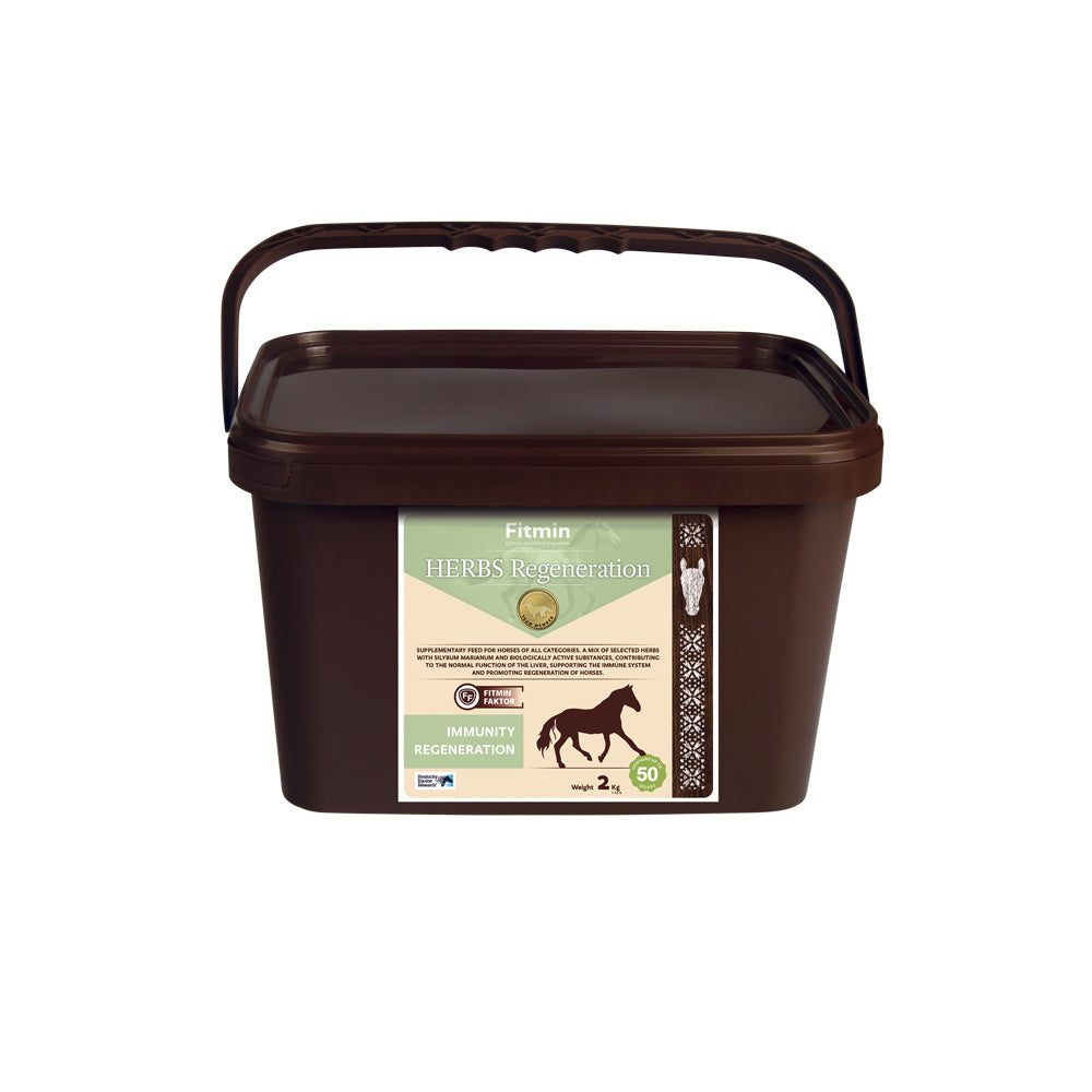 A 2kg brown bucket of Fitmin Herbs Regeneration, a herbal supplementary feed for horses. The label features a pale green and cream design with a horse silhouette, highlighting its use for immunity and regeneration. It contains a mix of selected herbs, including milk thistle (Silybum marianum), to support liver function and the immune system, providing up to 50 doses.
