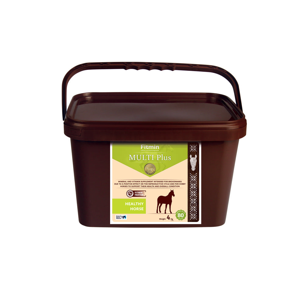 Alt Text:
A 4kg brown bucket of Fitmin Multi Plus mineral and vitamin supplement. The label features a lime green and cream design, stating it is intended for broodmares and hobby horses to support overall health and the reproductive cycle. It includes the Fitmin Faktor and contains approximately 80 doses.