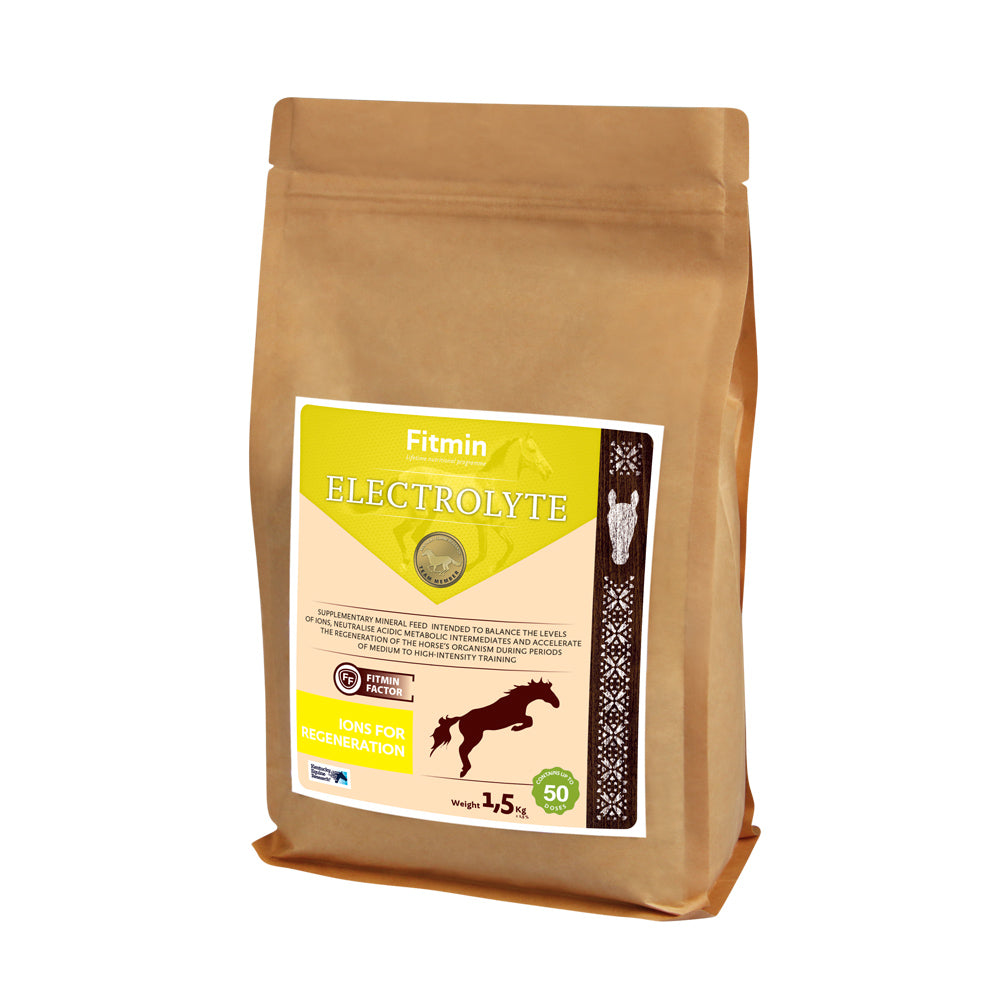 A 1.5kg paper bag of Fitmin Electrolyte supplementary mineral feed for horses. The label features a bright yellow and cream design with a silhouette of a bucking horse, highlighting "Ions for Regeneration." It specifies its use for balancing ion levels and accelerating recovery after high-intensity training, containing up to 50 doses.