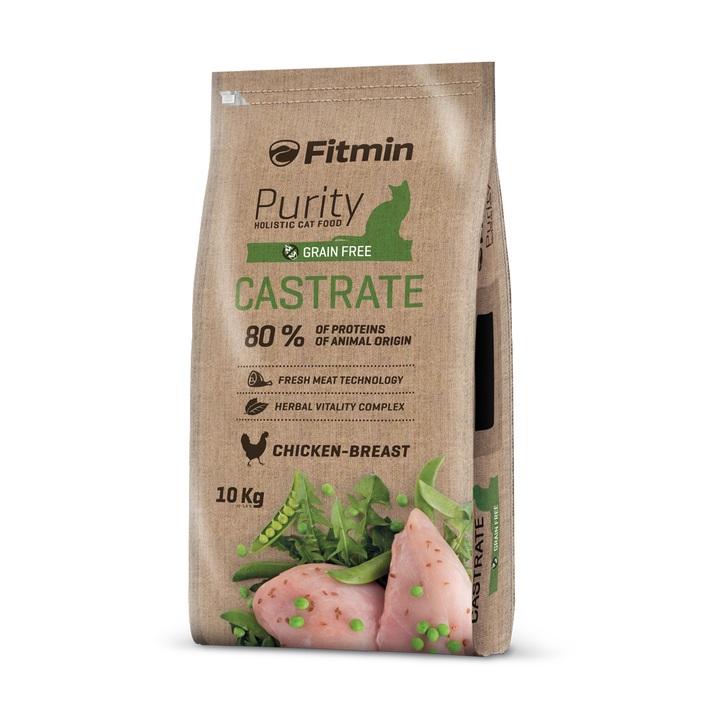 Front view of the 10kg Fitmin Cat Purity Castrate bag. A vibrant green banner highlights the "CASTRATE" name, while the "80% proteins of animal origin" text is printed in dark brown. The bottom features a large illustration of raw chicken breast and green peas.
