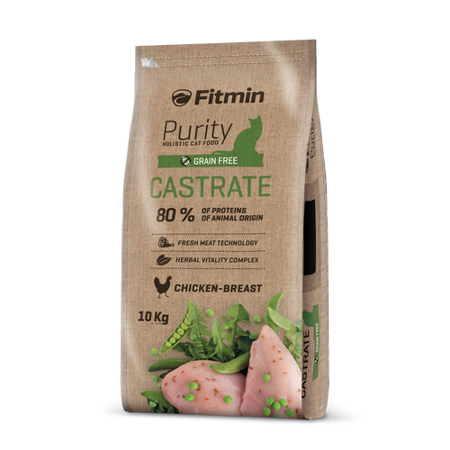 Front view of the 10kg Fitmin Cat Purity Castrate bag. A vibrant green banner highlights the "CASTRATE" name, while the "80% proteins of animal origin" text is printed in dark brown. The bottom features a large illustration of raw chicken breast and green peas.
