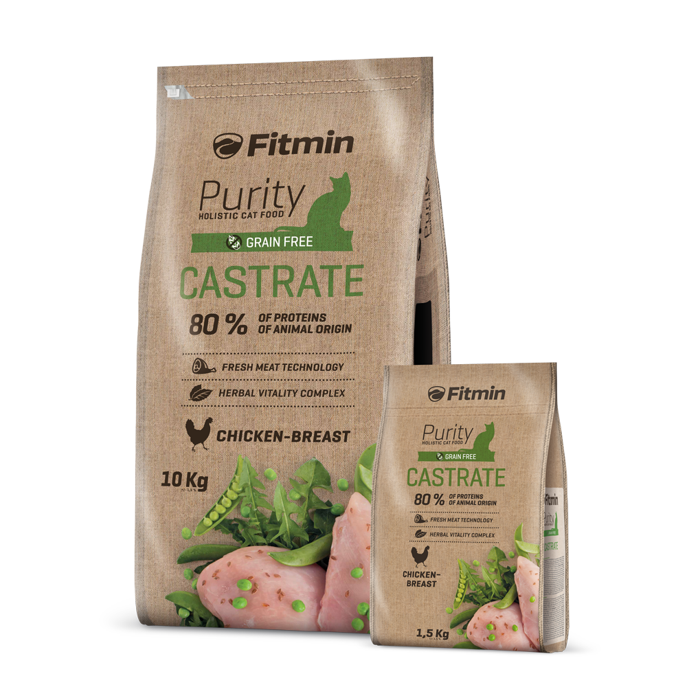 A side-by-side scale comparison of the 10kg and 1.5kg bags of Fitmin Cat Purity Castrate. Both bags use the green colour coding and chicken-breast graphics unique to this formula, showing the size difference between the large bulk bag and the smaller 1.5kg bag.