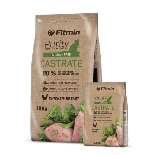 A side-by-side scale comparison of the 10kg and 1.5kg bags of Fitmin Cat Purity Castrate. Both bags use the green colour coding and chicken-breast graphics unique to this formula, showing the size difference between the large bulk bag and the smaller 1.5kg bag.