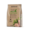 Front view of a 1.5kg bag of Fitmin Cat Purity Castrate. The design features a vibrant green "CASTRATE" label and cat silhouette on a natural brown paper-style background. At the bottom, a silhouette of a chicken sits next to an illustration of fresh chicken breast, green peas, and herbs.