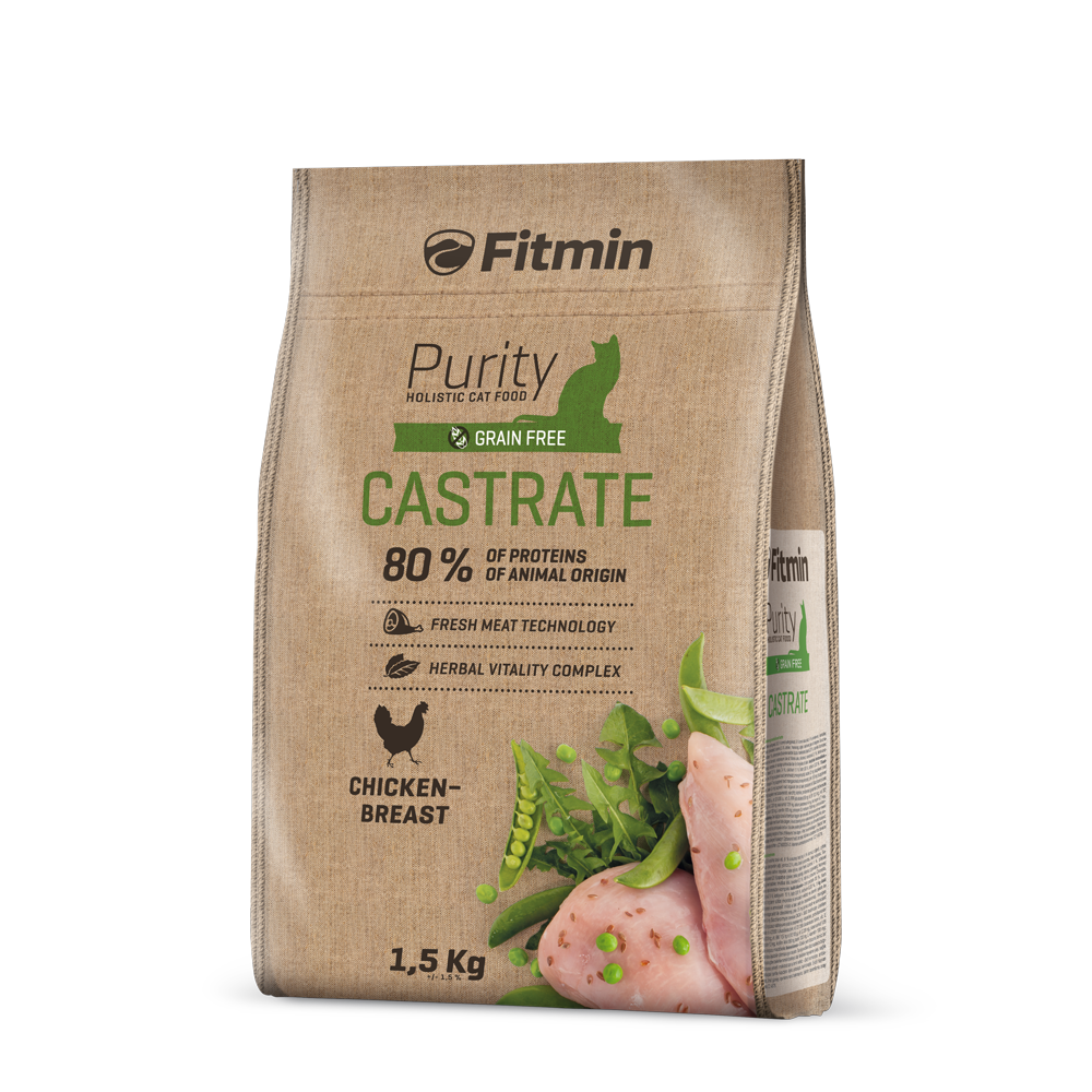 Front view of a 1.5kg bag of Fitmin Cat Purity Castrate. The design features a vibrant green "CASTRATE" label and cat silhouette on a natural brown paper-style background. At the bottom, a silhouette of a chicken sits next to an illustration of fresh chicken breast, green peas, and herbs.