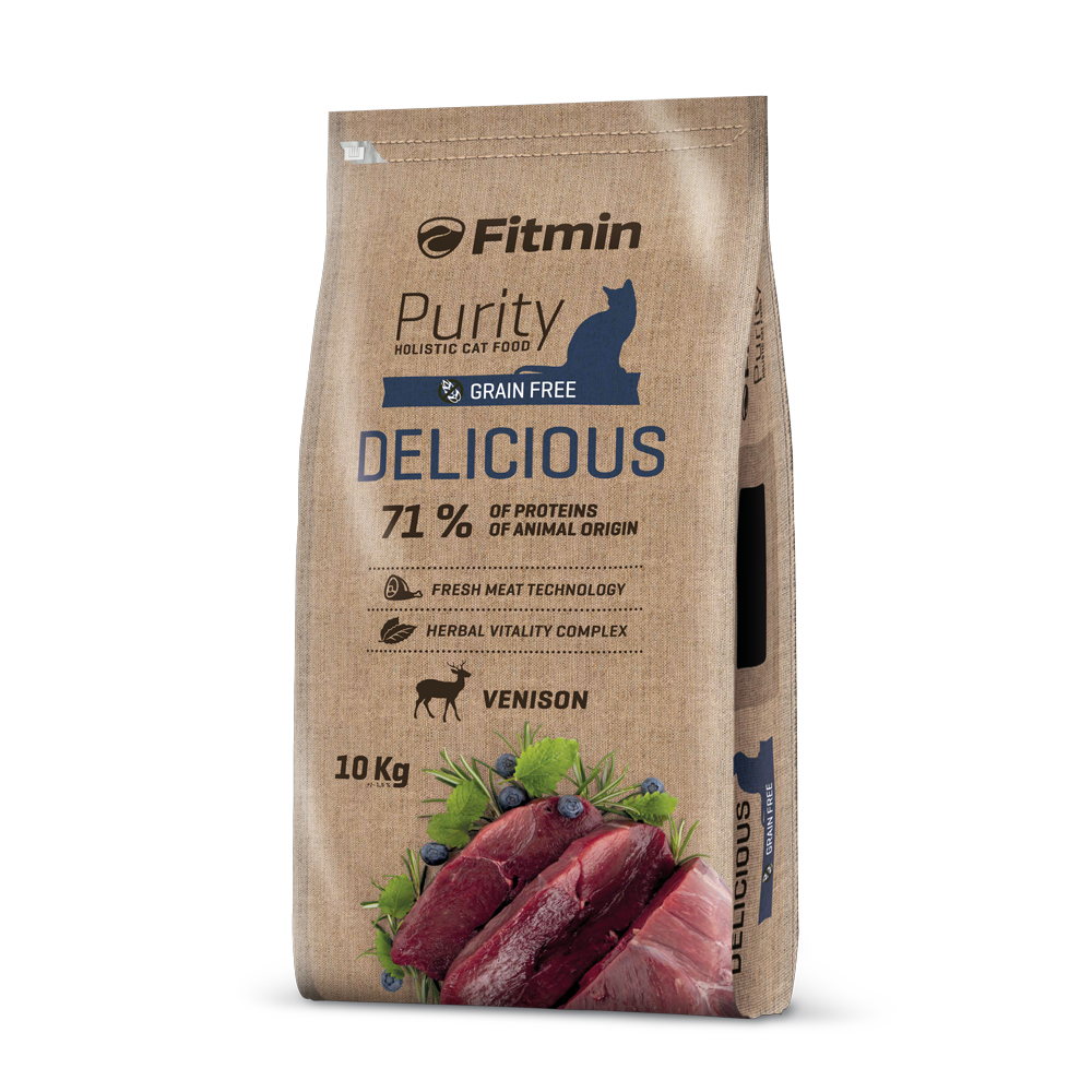 Front view of the 10kg bulk bag of Fitmin Cat Purity Delicious. The design highlights "71% proteins of animal origin" and "Grain Free" in navy blue text. A large illustration of fresh venison and antioxidant-rich berries is shown against a printed brown fiber-effect background.