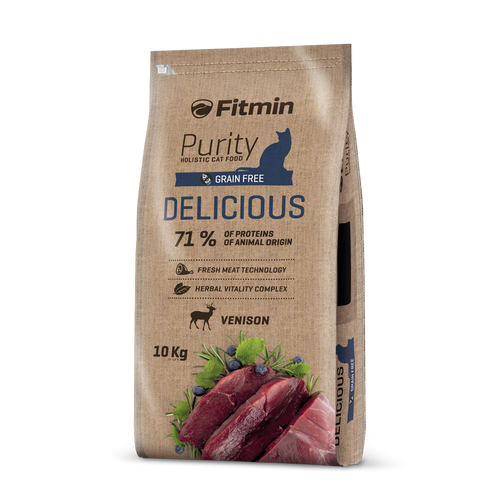 Front view of the 10kg bulk bag of Fitmin Cat Purity Delicious. The design highlights "71% proteins of animal origin" and "Grain Free" in navy blue text. A large illustration of fresh venison and antioxidant-rich berries is shown against a printed brown fiber-effect background.