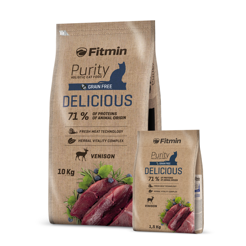 A side-by-side scale comparison of the 10kg and 1.5kg bags of Fitmin Cat Purity Delicious. Both bags feature identical navy blue branding and "Venison" protein graphics, demonstrating the size difference between the bulk and trial portions.