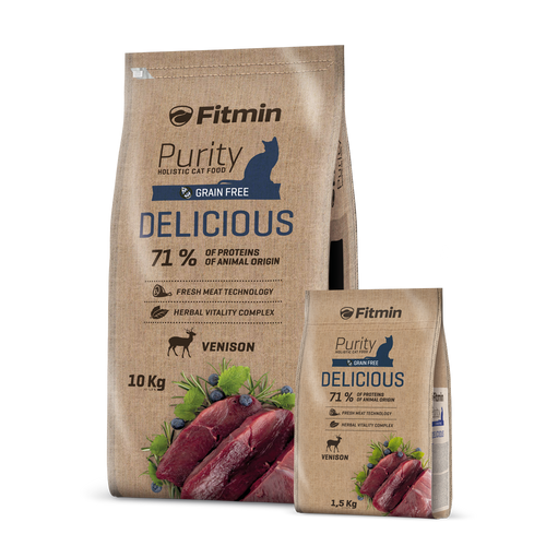 A side-by-side scale comparison of the 10kg and 1.5kg bags of Fitmin Cat Purity Delicious. Both bags feature identical navy blue branding and "Venison" protein graphics, demonstrating the size difference between the bulk and trial portions.