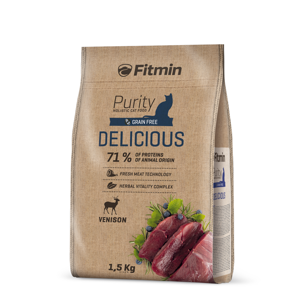Front view of a 1.5kg bag of Fitmin Cat Purity Delicious cat food. The packaging features a natural brown paper-style graphic with a navy blue "DELICIOUS" label and a blue cat silhouette. At the bottom, there is a silhouette of a stag and an illustration of fresh game meat, blueberries, and rosemary.