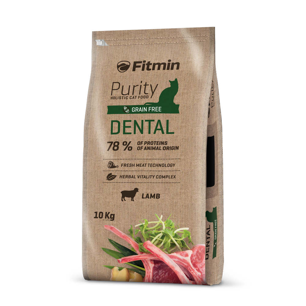 Front view of the 10kg bulk bag of Fitmin Cat Purity Dental. The design highlights "78% proteins of animal origin" and "Grain Free" in dark green text, with a detailed illustration of fresh lamb and ginger used to support oral health.