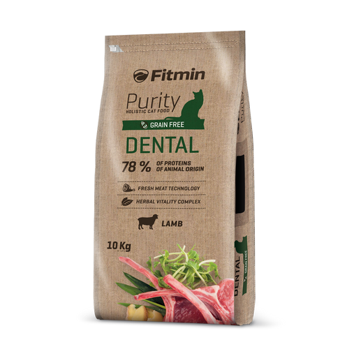 Front view of the 10kg bulk bag of Fitmin Cat Purity Dental. The design highlights "78% proteins of animal origin" and "Grain Free" in dark green text, with a detailed illustration of fresh lamb and ginger used to support oral health.