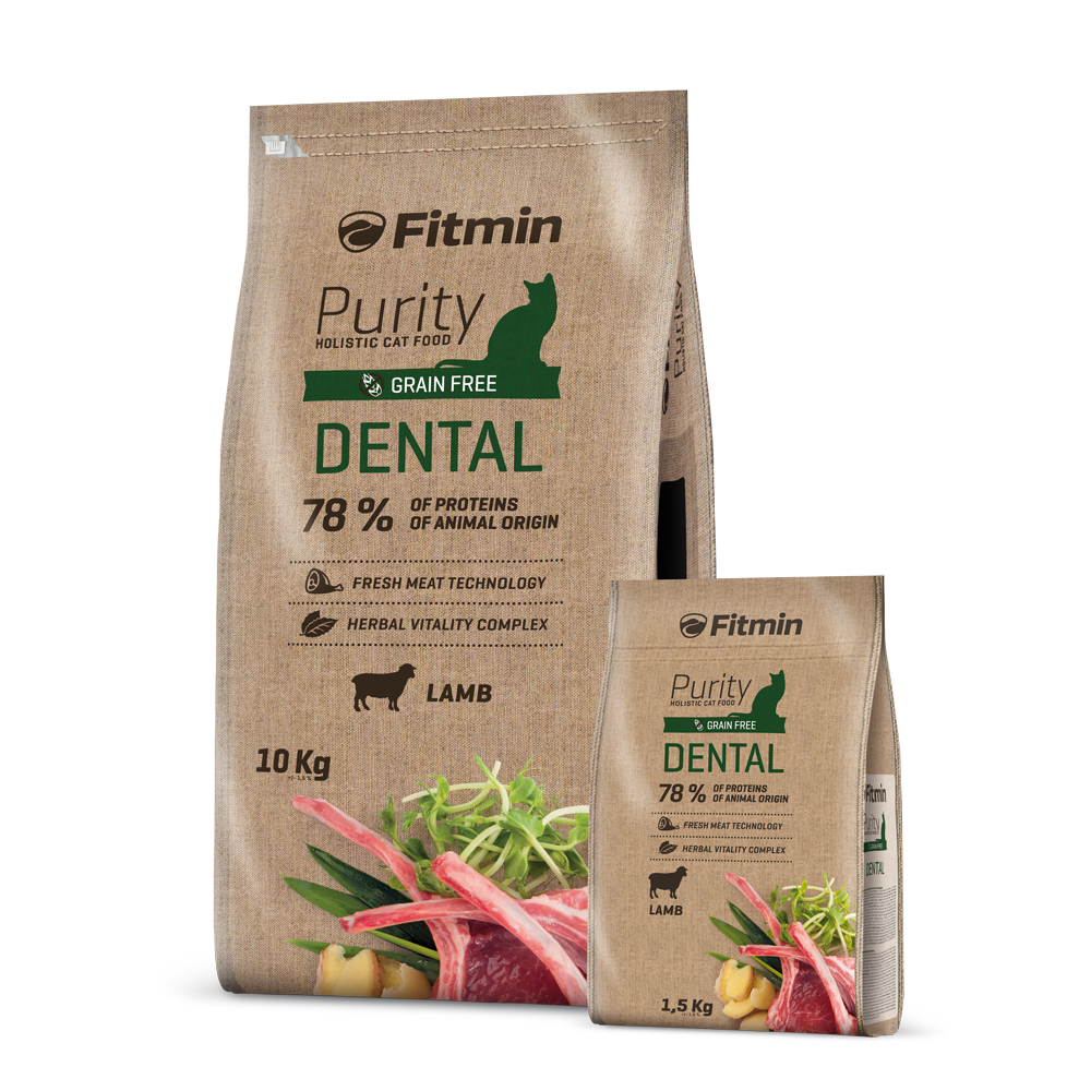 A side-by-side scale comparison of the 10kg and 1.5kg bags of Fitmin Cat Purity Dental. Both bags display the signature dark green branding and lamb-based protein graphics over a natural-look brown background.