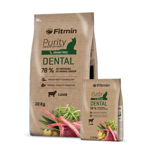 A side-by-side scale comparison of the 10kg and 1.5kg bags of Fitmin Cat Purity Dental. Both bags display the signature dark green branding and lamb-based protein graphics over a natural-look brown background.