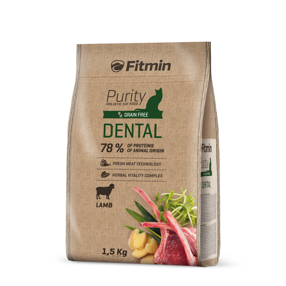 Front view of a 1.5kg bag of Fitmin Cat Purity Dental. The packaging features a natural brown paper-style graphic with a dark green "DENTAL" label and a matching green cat silhouette. At the bottom, there is a silhouette of a lamb and an illustration of fresh lamb chops, ginger root, and green herbs.