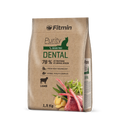 Front view of a 1.5kg bag of Fitmin Cat Purity Dental. The packaging features a natural brown paper-style graphic with a dark green "DENTAL" label and a matching green cat silhouette. At the bottom, there is a silhouette of a lamb and an illustration of fresh lamb chops, ginger root, and green herbs.