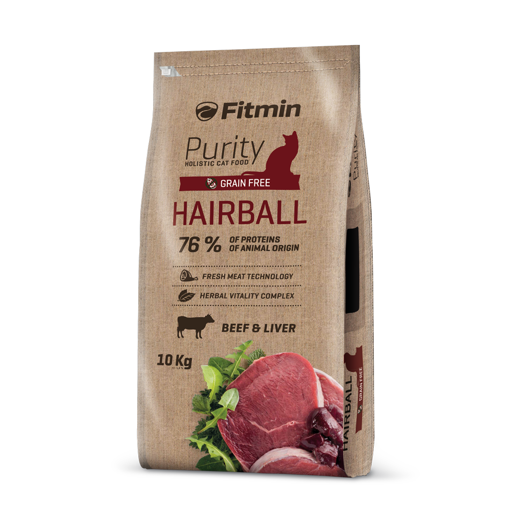 Front view of a 10kg bulk bag of Fitmin Cat Purity Hairball. The packaging displays the dark red branding for the Hairball formula, a "Beef & Liver" icon, and the "Herbal Vitality Complex" details over a printed brown paper-style background.