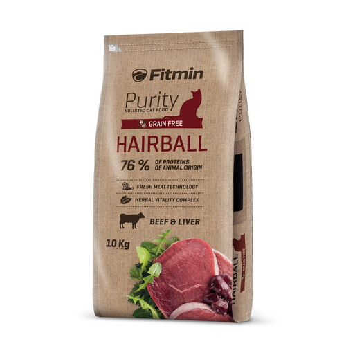 Front view of a 10kg bulk bag of Fitmin Cat Purity Hairball. The packaging displays the dark red branding for the Hairball formula, a "Beef & Liver" icon, and the "Herbal Vitality Complex" details over a printed brown paper-style background.