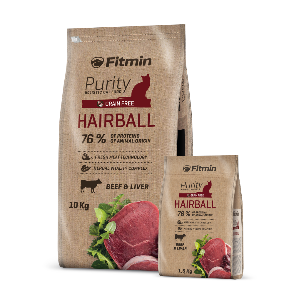 A side-by-side scale comparison of the 10kg and 1.5kg bags of Fitmin Cat Purity Hairball. Both feature a natural brown paper-style graphic with a dark red "HAIRBALL" label, a red cat silhouette, and a prominent illustration of fresh beef steaks and liver.