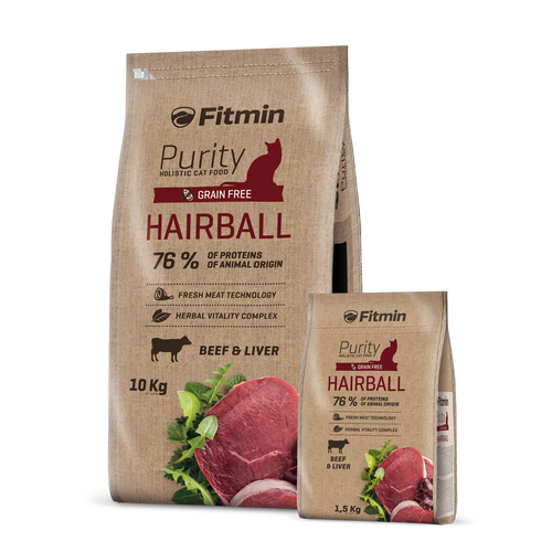 A side-by-side scale comparison of the 10kg and 1.5kg bags of Fitmin Cat Purity Hairball. Both feature a natural brown paper-style graphic with a dark red "HAIRBALL" label, a red cat silhouette, and a prominent illustration of fresh beef steaks and liver.