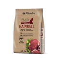 Front view of a 1.5kg bag of Fitmin Cat Purity Hairball cat food. The design includes a natural brown fiber-effect background, a dark red "HAIRBALL" header, and a "76% proteins of animal origin" badge. Images of fresh beef, liver, and green herbs are featured at the bottom.