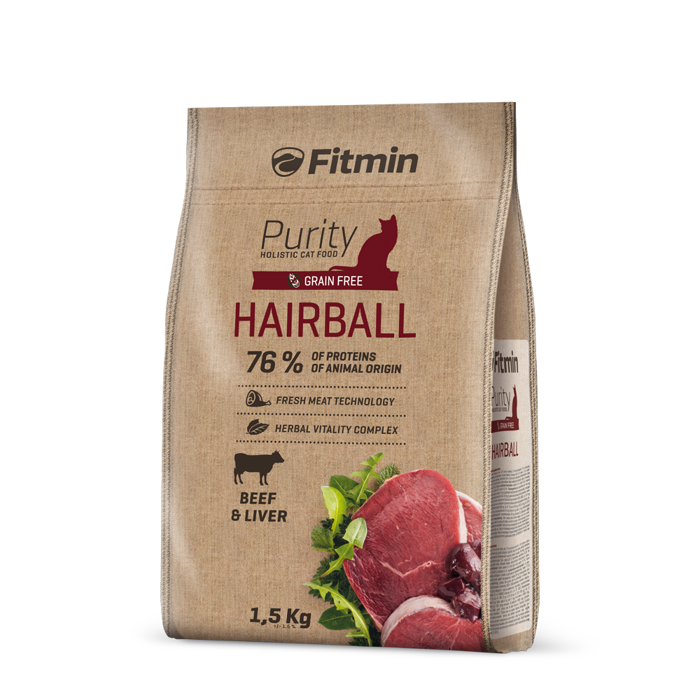 Front view of a 1.5kg bag of Fitmin Cat Purity Hairball cat food. The design includes a natural brown fiber-effect background, a dark red "HAIRBALL" header, and a "76% proteins of animal origin" badge. Images of fresh beef, liver, and green herbs are featured at the bottom.
