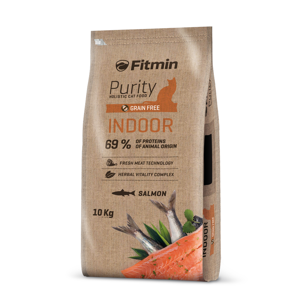 Front view of the 10kg Fitmin Cat Purity Indoor bag. The design uses a printed brown fiber-effect background with "69% proteins of animal origin" and "Grain Free" prominently displayed alongside fresh fish graphics.