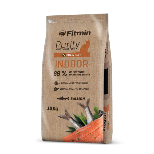 Front view of the 10kg Fitmin Cat Purity Indoor bag. The design uses a printed brown fiber-effect background with "69% proteins of animal origin" and "Grain Free" prominently displayed alongside fresh fish graphics.