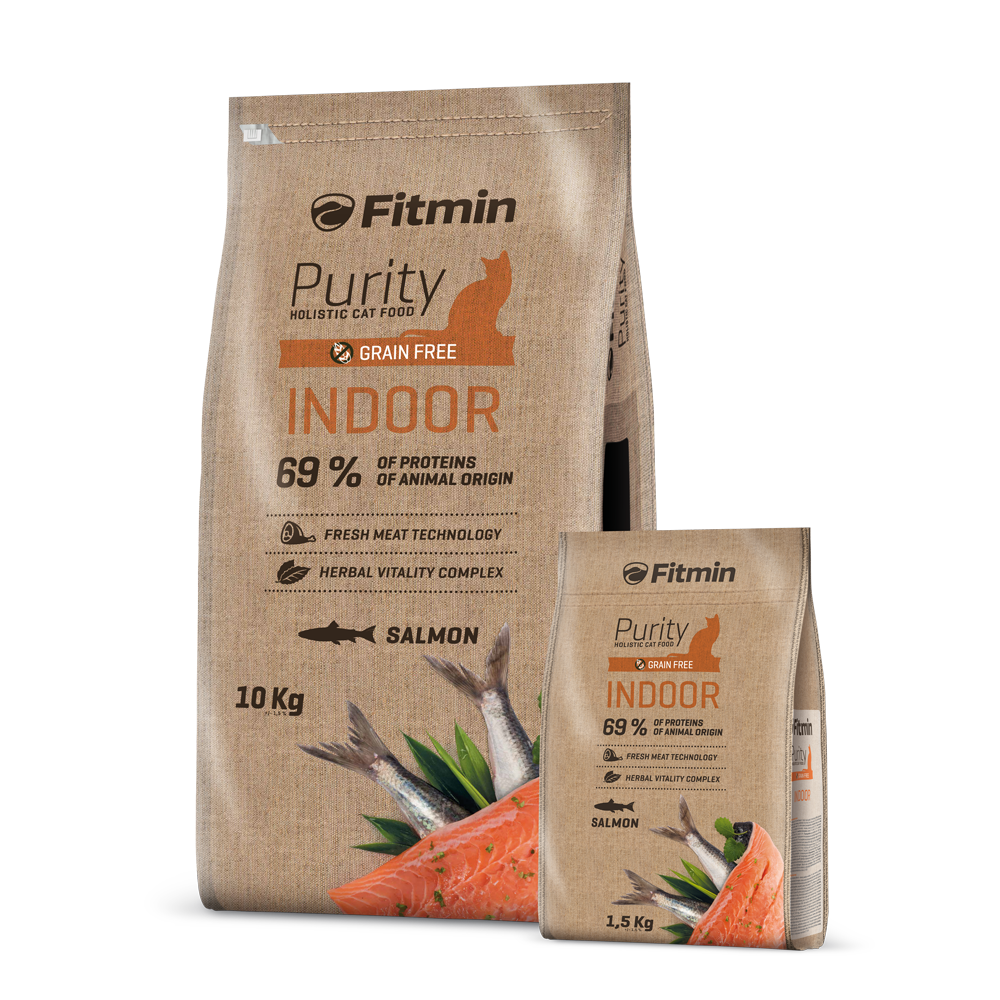 Two bags of Fitmin Cat Purity Indoor cat food standing side-by-side: a large 10kg bulk bag and a smaller 1.5kg bag. Both feature a rustic burlap-style packaging design with an orange silhouette of a cat and illustrations of fresh salmon.