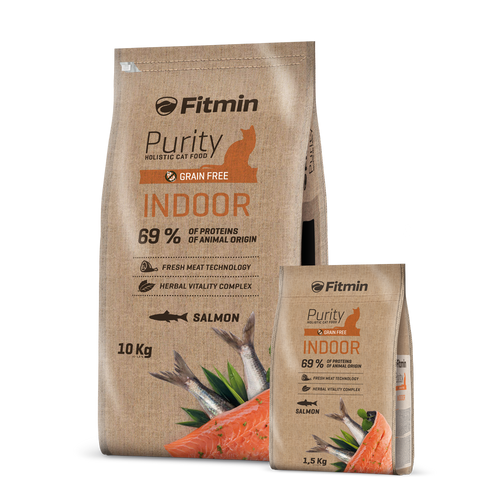 Two bags of Fitmin Cat Purity Indoor cat food standing side-by-side: a large 10kg bulk bag and a smaller 1.5kg bag. Both feature a rustic burlap-style packaging design with an orange silhouette of a cat and illustrations of fresh salmon.