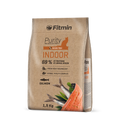 Front view of a 1.5kg bag of Fitmin Cat Purity Indoor food. The packaging features a natural brown paper-style graphic with a large orange "INDOOR" label, a silhouette of a cat, and a prominent illustration of a fresh salmon fillet and herring at the bottom.