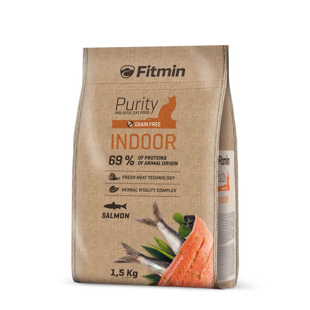 Front view of a 1.5kg bag of Fitmin Cat Purity Indoor food. The packaging features a natural brown paper-style graphic with a large orange "INDOOR" label, a silhouette of a cat, and a prominent illustration of a fresh salmon fillet and herring at the bottom.